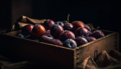Obraz premium A large crate of ripe, juicy berry fruit on wooden backgrounds generated by AI