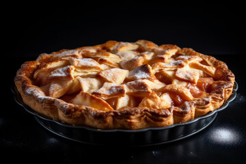 American apple pie with tender cinnamon-spiced apples with powdered sugar on black background