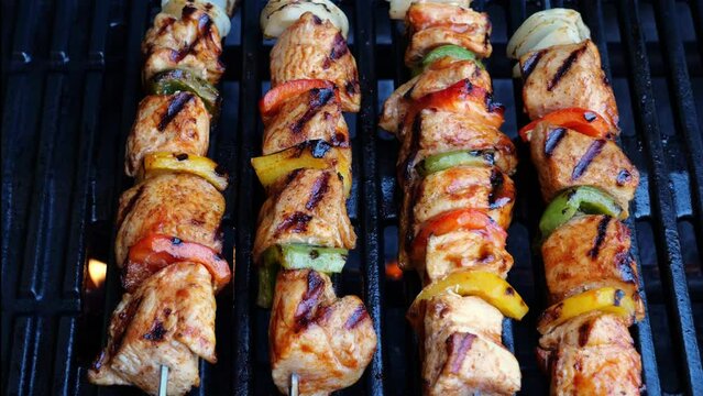 Barbecue skewers, cooking chicken breast, on the grill. Chicken Shish Kebab. Close up