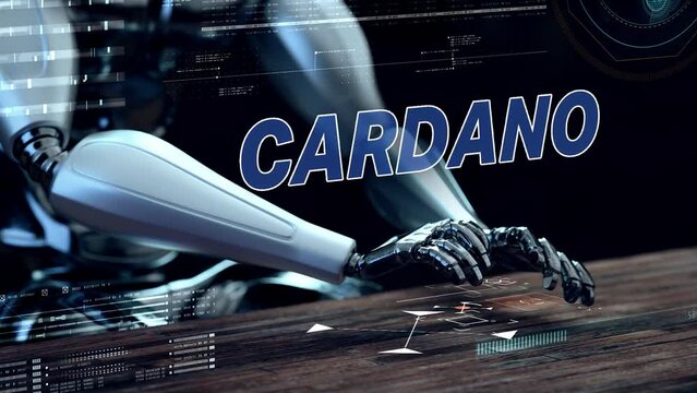 Cardano type / text animated and integrated into a 3d scene of a AI robot business man typing on a futuristic keyboard. The typography tracked is animated on as encoded data in a modern style.