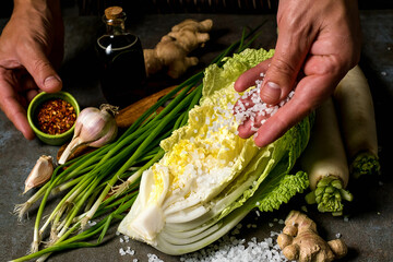 Napa cabbage or Chinese cabbage Fresh ripe chinese cabbage on a stone table, top view