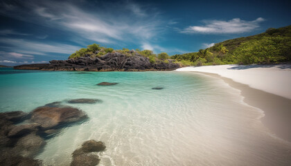 Obraz premium Tranquil Caribbean waters edge, turquoise seascape, idyllic beauty in nature generated by AI