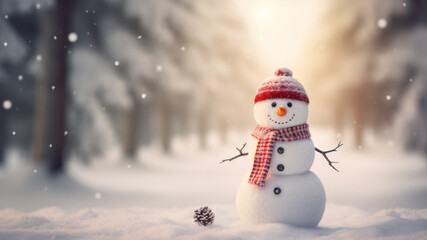 Fototapeta premium Snowman smiling and standing in snowfall. Winter landscape, bokeh forest background.