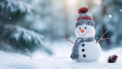 Snowman in winter landscape against bokeh forest background. 