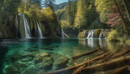 Tranquil scene of flowing water in natural beauty of forest generated by AI