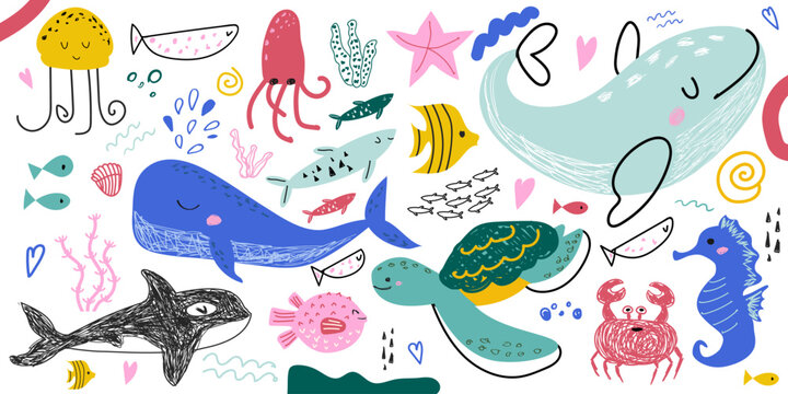 Children's drawing with sea animals. Vector illustration with cute animals, underwater world. Hand drawn in trendy doodle style - animals, plants, symbols.Children's drawing for textiles, posters.