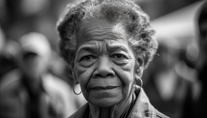 Cheerful senior woman smiling in black and white headshot portrait generated by AI