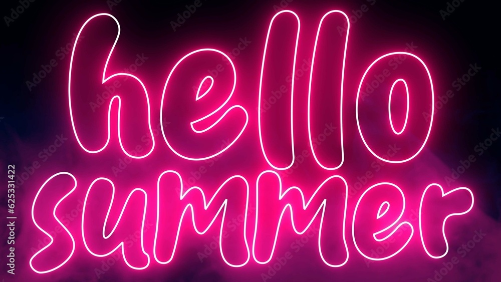 Poster hello summer text font with neon light. luminous and shimmering haze inside the letters of the text 