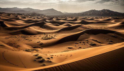 Rippled sand dunes in arid Africa create majestic landscape beauty generated by AI