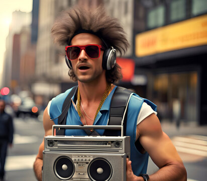 Portrait de mode vintage des ann&eacute;es 1980. Homme au style r&eacute;tro des ann&eacute;es 80.Personne fictive cr&eacute;&eacute;e avec l'IA g&eacute;n&eacute;rative.