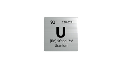 Uranium element on a metal periodic table on white background. 3D rendered icon and illustration.