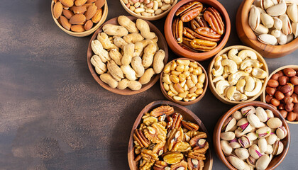 Assortment of nuts in wooden bowls. Cashew, hazelnuts, walnuts, pistachio, pecans, pine nuts, peanut, raisins. Food mix background, top view, copy space, banner.