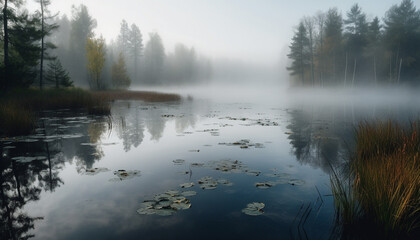 Tranquil scene of autumn forest reflected in serene pond waters generated by AI