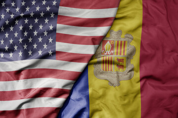 big waving colorful flag of united states of america and national flag of andorra .