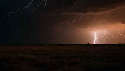 Spooky thunderstorm hits dark landscape, awe inspiring bolt illuminates silhouette generated by AI