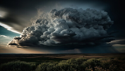 Moody sky over rural landscape, ominous storm cloud threatens danger generated by AI