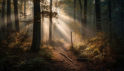 Tranquil forest footpath vanishing into a mysterious autumn wilderness generated by AI
