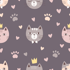 seamless pattern with hand drawn cat muzzles and paw prints on a gray background