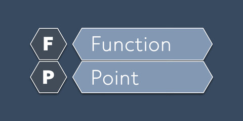 FP Function Point. An Acronym Abbrevation of a term from the software industry. Illustration isolated on blue background.