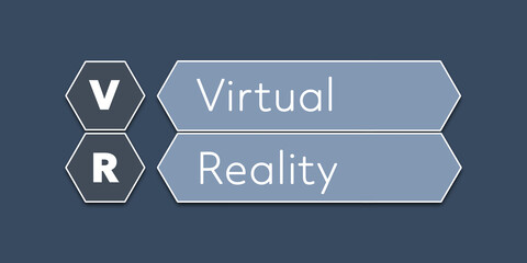 VR Virtual Reality. An Acronym Abbrevation of a term from the software industry. Illustration isolated on blue background.