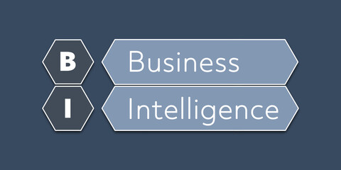 BI Business Intelligence. An Acronym Abbrevation of a term from the software industry. Illustration isolated on blue background.