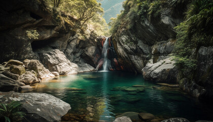 Tranquil scene of majestic mountain with flowing water and green foliage generated by AI