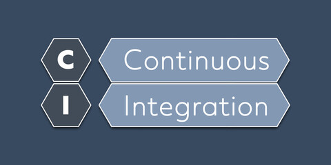 CI Continuous Integration. An Acronym Abbrevation of a term from the software industry. Illustration isolated on blue background.