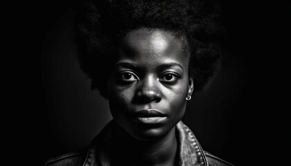 Confident young woman with curly afro in black and white portrait generated by AI