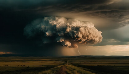 Dramatic sky over rural meadow, ominous storm cloud threatens danger generated by AI
