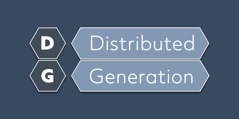 DG Distributed Generation. An Acronym Abbrevation of a term from the software industry. Illustration isolated on blue background.