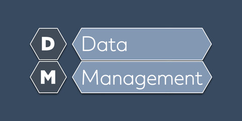 DM Data Management. An Acronym Abbrevation of a term from the software industry. Illustration isolated on blue background.