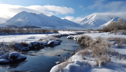 Tranquil winter landscape: majestic mountain range reflected in frozen water generated by AI