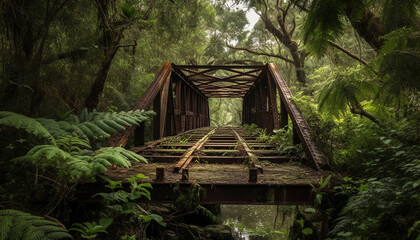 Fototapeta na wymiar Walking through the dark wilderness, a footbridge leads to adventure generated by AI