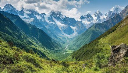 Fototapeta premium Tranquil scene of majestic mountain range in Asturias, Spain generated by AI