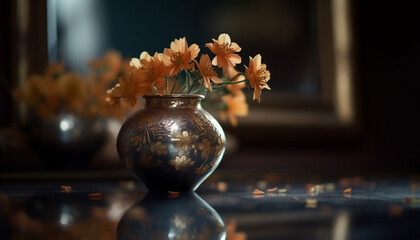 Obraz premium Rustic elegance: a yellow blossom in an old fashioned pottery vase generated by AI