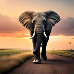 Fototapeta na wymiar elephant in the sunset moving towards