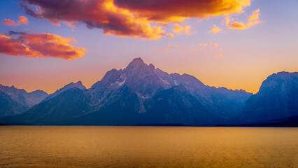 Sunset over Jackson lake and the Grand Tetons in Grand Teton National Park, Wyoming, USA