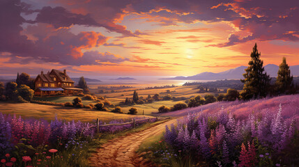 Art with a beautiful summer landscape. High quality illustration