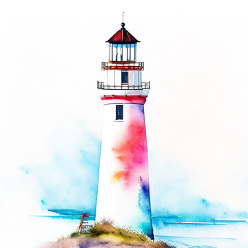 Watercolor lighthouse on the seashore