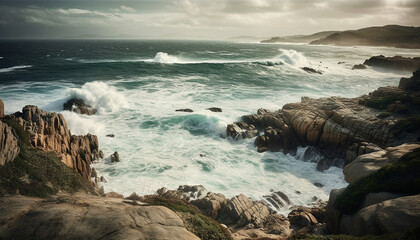 Obraz premium Rough coastline, big sur stone cliff, breaking surf, natural beauty generated by AI