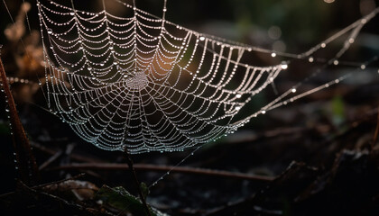 Spider web glistens with dew on wet autumn leaf outdoors generated by AI
