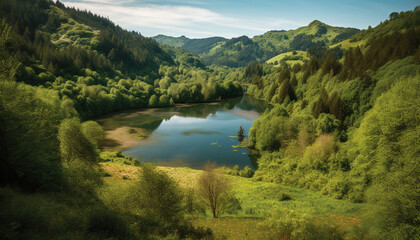 Obraz premium Tranquil mountain range reflects in pond, surrounded by green wilderness generated by AI