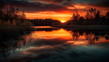 Obraz premium Vibrant sunset reflects tranquil scene over water in idyllic landscape generated by AI