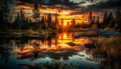 Fototapeta premium Vibrant sunset reflects tranquil beauty in nature wilderness landscape generated by AI