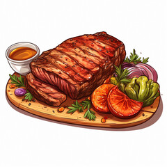 Graphic image of a delicious steak with vegetables. High quality illustration