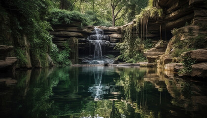 Fototapeta premium Tranquil tropical rainforest landscape, flowing water, green growth, pure beauty generated by AI