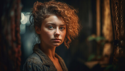 Fototapeta premium Beautiful young woman with curly brown hair looking confidently at camera generated by AI