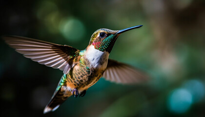 Fototapeta na wymiar Multi colored hummingbird hovers mid air, spreading iridescent wings in beauty generated by AI