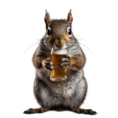 Obraz premium Eastern grey squirrel hold a glass beer, transparent background, png