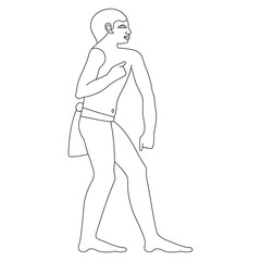 Standing ancient Egyptian man. Black and white linear silhouette.